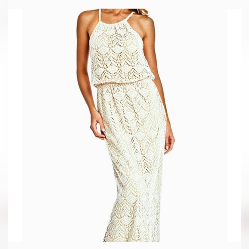 Sharagano Lace Maxi Dress Halter Sleeveless Beachy Summer Bohemian in Bone Sz 14